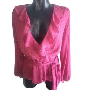 Max Studio Dark Pink Ruffle Wrap Blouse With Attached Belt L